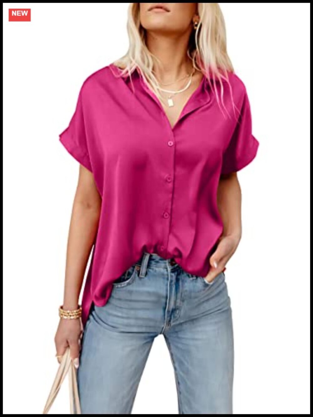 Satin Button Down Shirt Short Sleeve V Neck Slim Fit Office Blouse